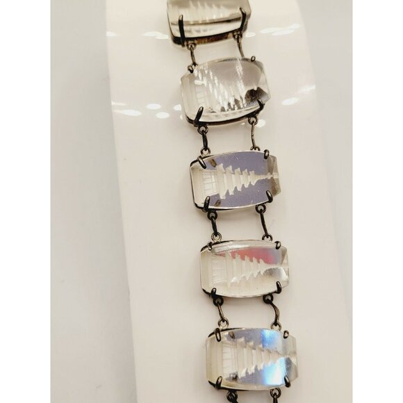 ANTIQUE ART DECO SILVER GLASS INTAGLIO ASIAN PAGODA MOTIF BRACELET - Picture 6 of 11